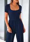 PRETTYGARDEN Casual Short Sleeve Square Neck Wide Leg Jumpsuit Rompers