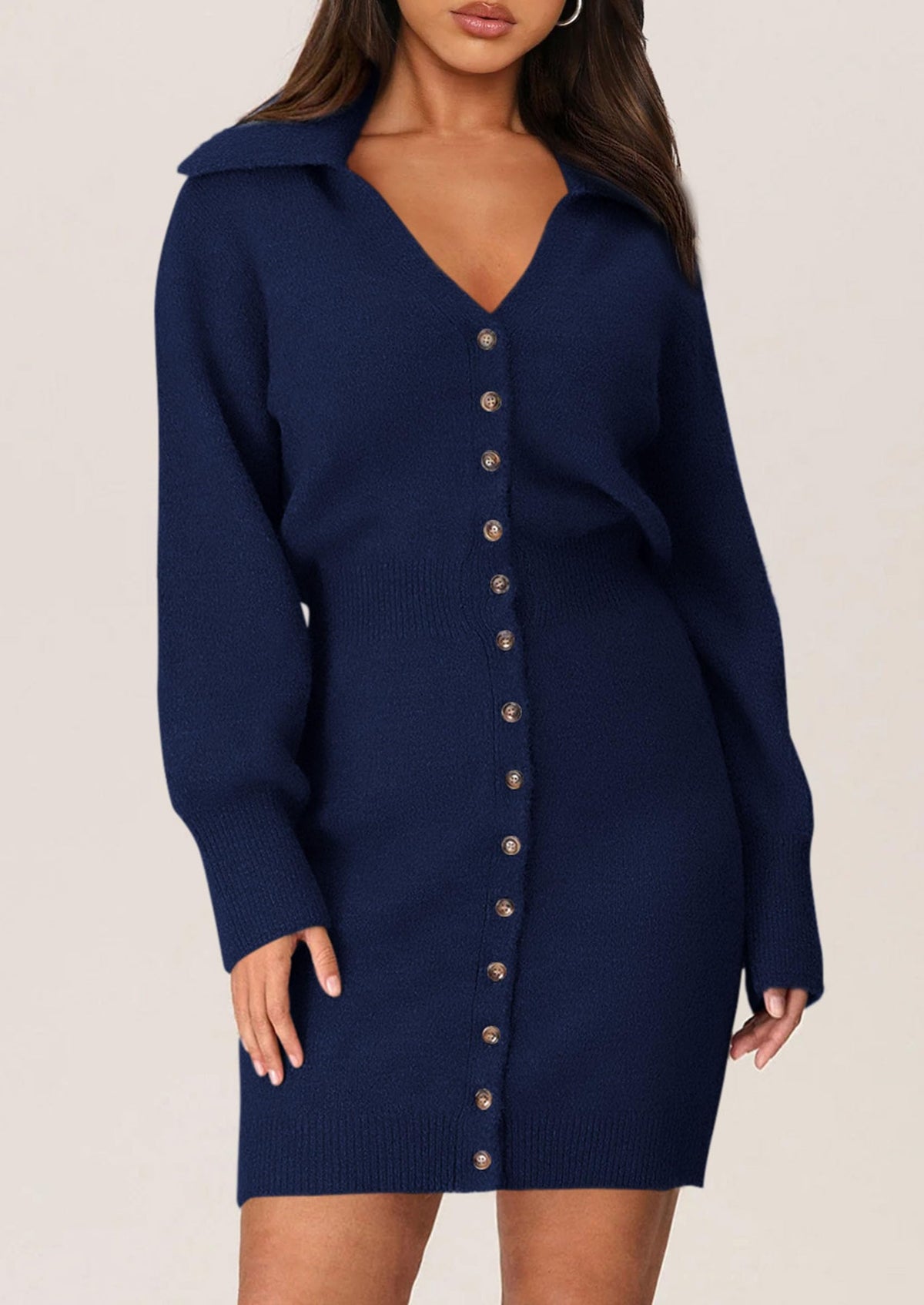 Long Sleeve V Neck Button Down Knit Pullover Sweater Dresses