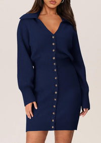 Long Sleeve V Neck Button Down Knit Pullover Sweater Dresses