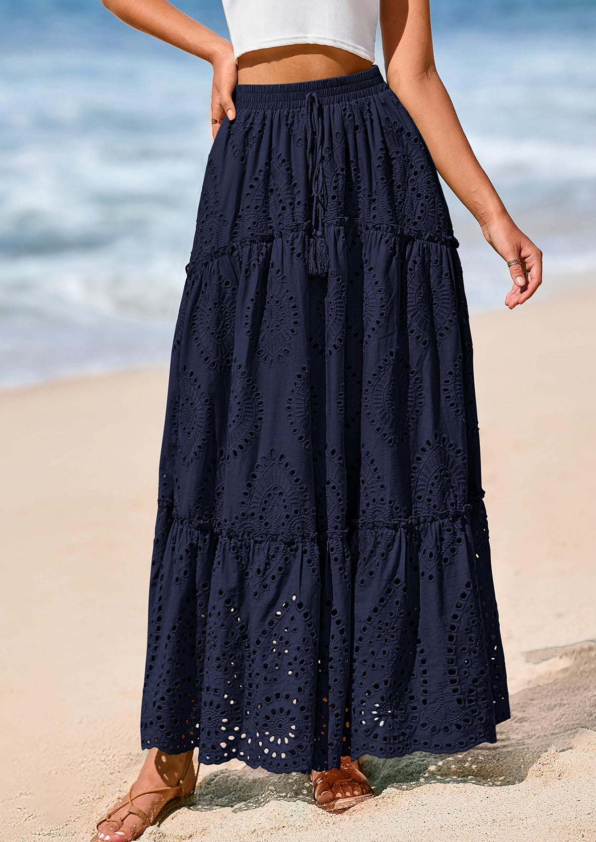 Bohemian Casual Lace Embroidered Eyelets A-Line Beach Long Dress