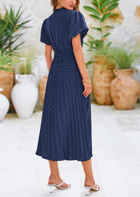 Swiss Dot Pleated A Line Casual Flowy Party Midi Dress