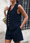 PRETTYGARDEN Women's Summer 2 Piece Outfits Sleeveless Matching Sets Button Down V Neck Vest Waistcoat and Pockets Shorts