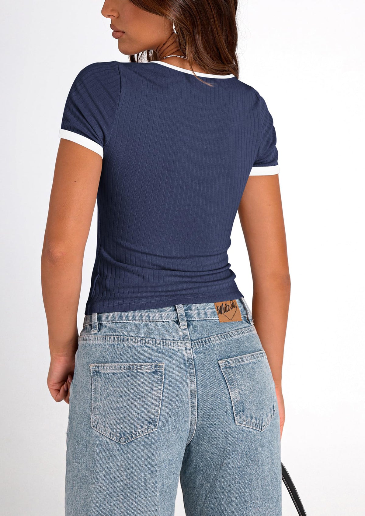 Casual Short Sleeve Ribbed Knit Square Neck Color Block Slim Fit Basic Crop T-shirts