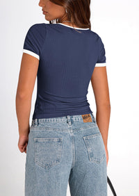 Casual Short Sleeve Ribbed Knit Square Neck Color Block Slim Fit Basic Crop T-shirts