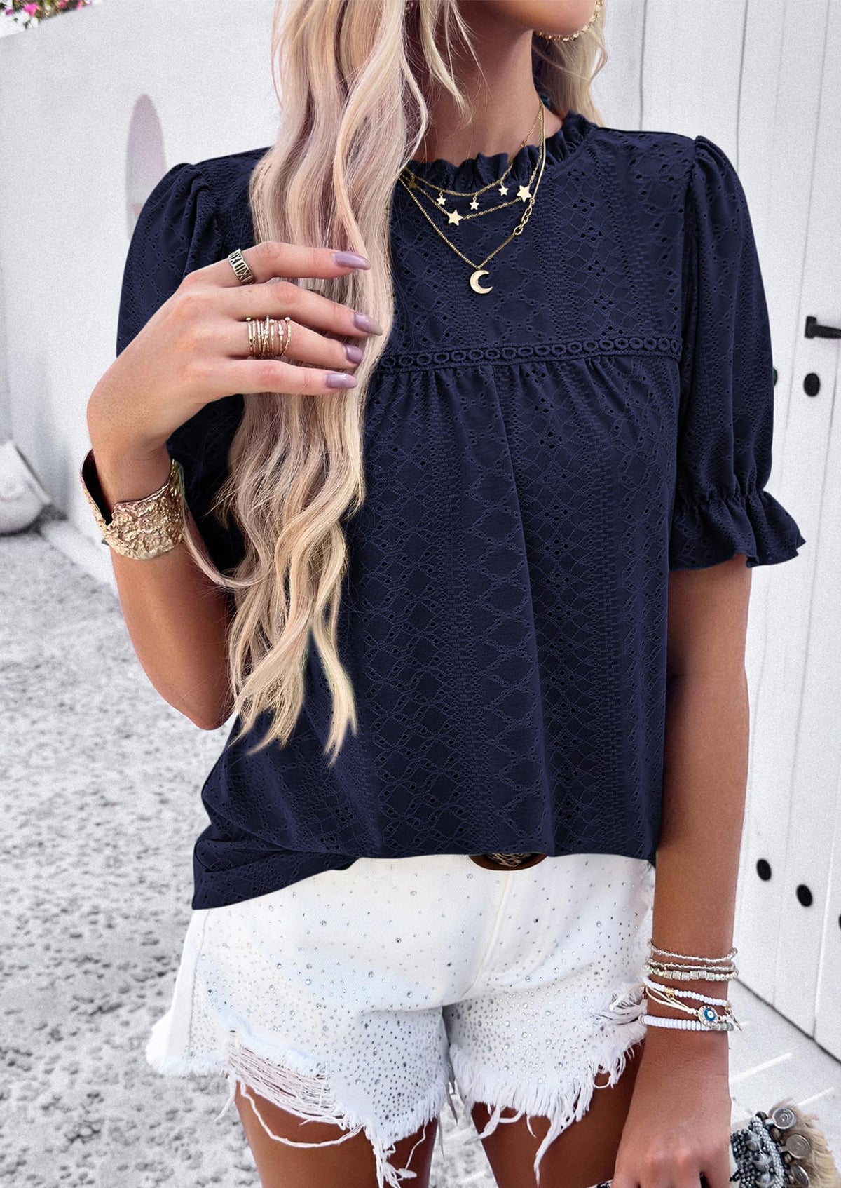 Casual Crew Neck Ruffle Short Sleeve Eyelet Babydoll Blouse