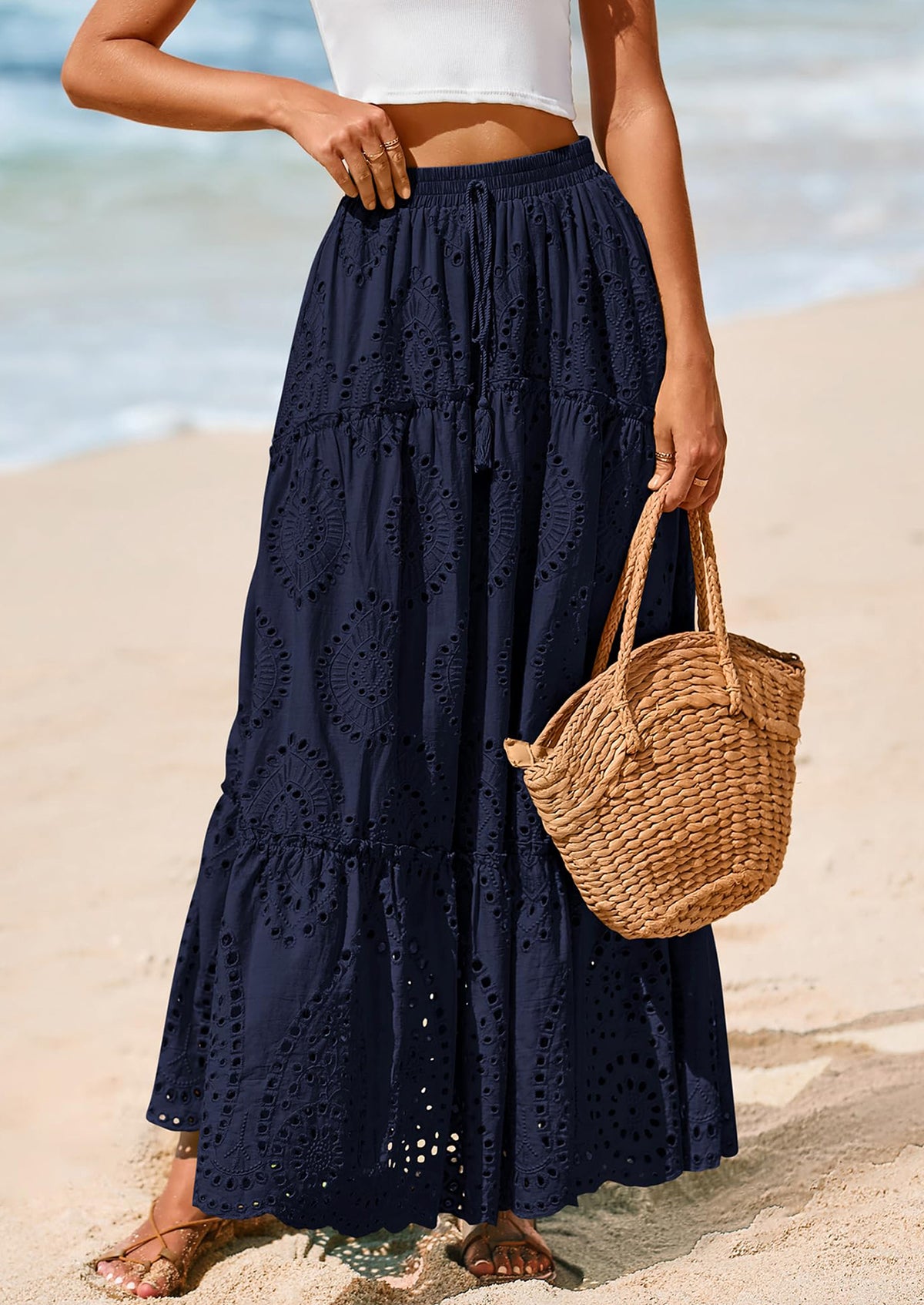 Bohemian Casual Lace Embroidered Eyelets A-Line Beach Long Dress