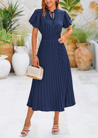 Swiss Dot Pleated A Line Casual Flowy Party Midi Dress