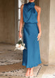 Satin sleeveless stand up collar party long dress