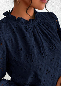 Casual Embroidered Long Puff Sleeve Ruffle Eyelet Lace Blouses