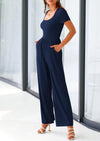 PRETTYGARDEN Casual Short Sleeve Square Neck Wide Leg Jumpsuit Rompers
