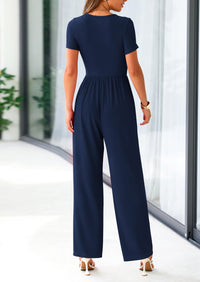 PRETTYGARDEN Casual Short Sleeve Square Neck Wide Leg Jumpsuit Rompers