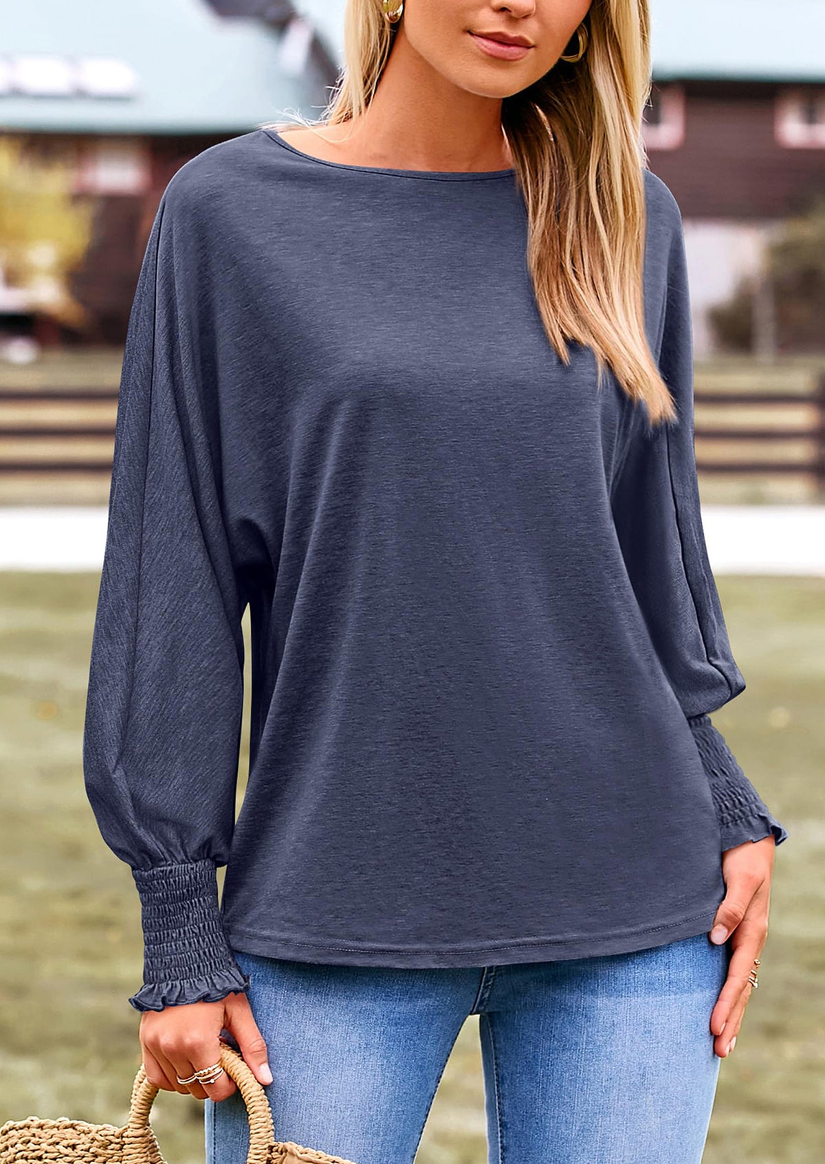 Puff Long Sleeve Crew neck Casual Basic T-shirts