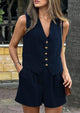 Button Down V Neck Vest Sleeveless Tops And Pockets Shorts 2 Piece Suits Sets