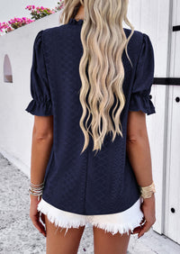 Casual Crew Neck Ruffle Short Sleeve Eyelet Babydoll Blouse