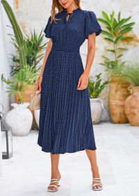 Swiss Dot Pleated A Line Casual Flowy Party Midi Dress