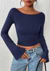 PRETTYGARDEN Women's Long Sleeve Shirts Fall Going Out Tops Casual Boat Neck Bell Sleeve Ribbed Ruched Y2K Clothes