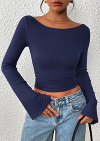 PRETTYGARDEN Women's Long Sleeve Shirts Fall Going Out Tops Casual Boat Neck Bell Sleeve Ribbed Ruched Y2K Clothes