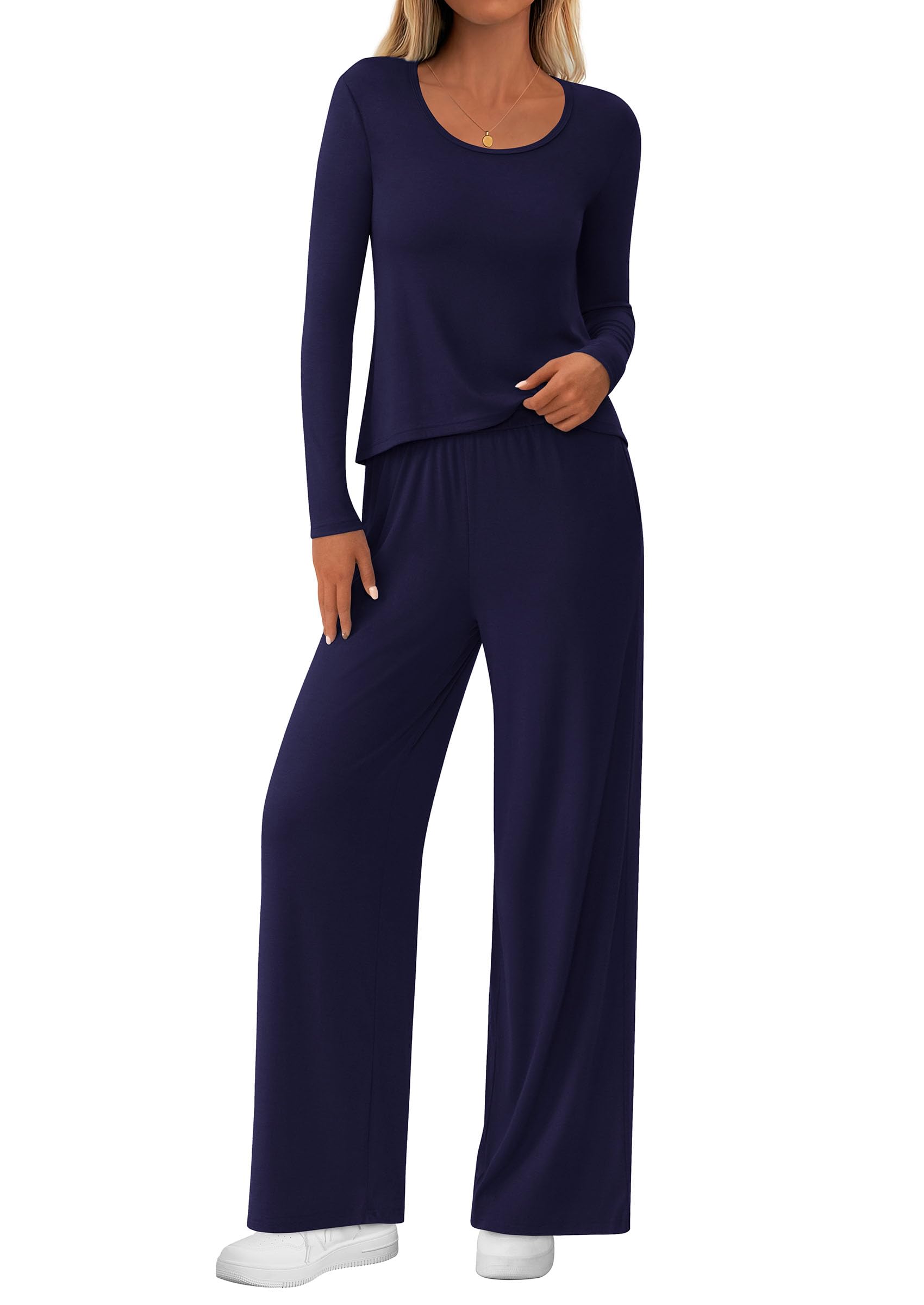 PRETTYGARDEN Women's 2 Piece Fall Sets  Casual Long Sleeve Shirts Wide Leg Pants Lounge Travel Outfits Fashion Clothing