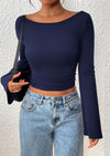 PRETTYGARDEN Women's Long Sleeve Shirts Fall Going Out Tops Casual Boat Neck Bell Sleeve Ribbed Ruched Y2K Clothes