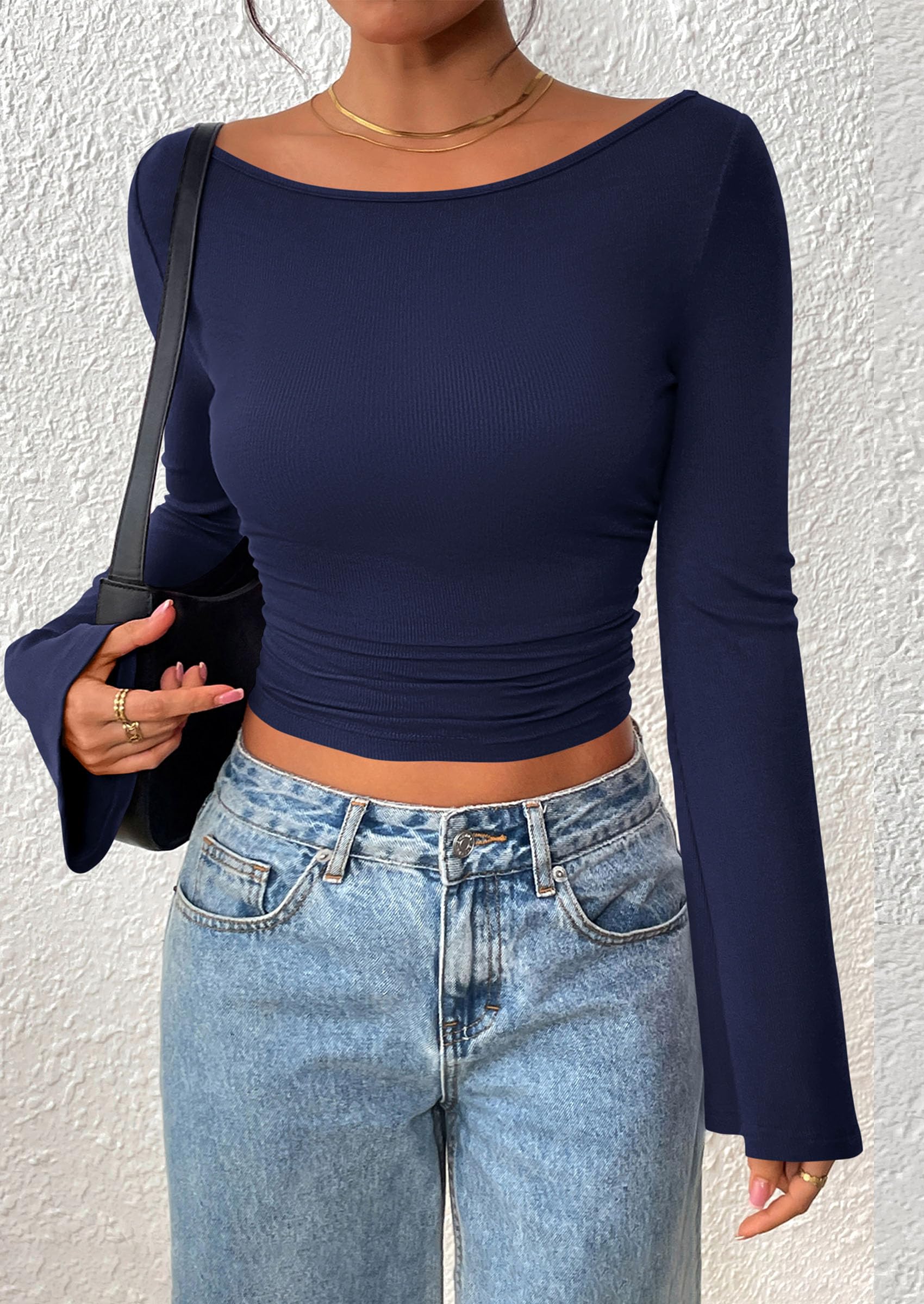 PRETTYGARDEN Women's Long Sleeve Shirts Fall Going Out Tops Casual Boat Neck Bell Sleeve Ribbed Ruched Y2K Clothes