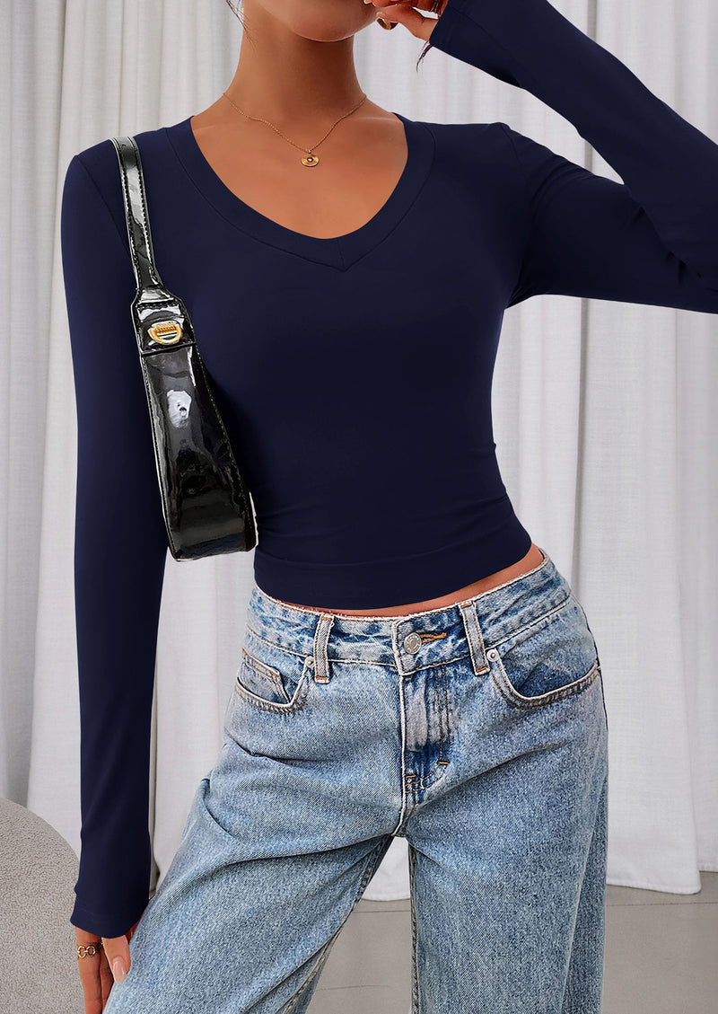 PRETTYGARDEN Womens Long Sleeve T Shirts Fall Trendy Deep V Neck Slim Fit Basic Crop Tops Casual Going Out Top