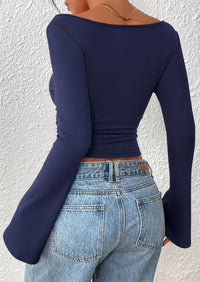 PRETTYGARDEN Women's Long Sleeve Shirts Fall Going Out Tops Casual Boat Neck Bell Sleeve Ribbed Ruched Y2K Clothes