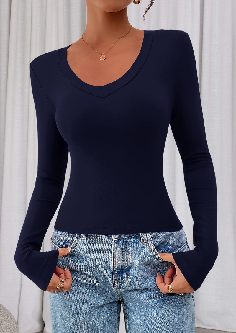 PRETTYGARDEN Womens Long Sleeve T Shirts Fall Trendy Deep V Neck Slim Fit Basic Crop Tops Casual Going Out Top