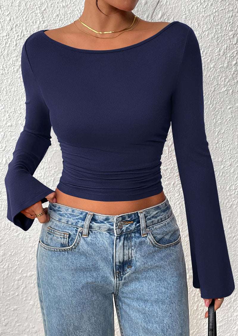 PRETTYGARDEN Women's Long Sleeve Shirts Fall Going Out Tops Casual Boat Neck Bell Sleeve Ribbed Ruched Y2K Clothes