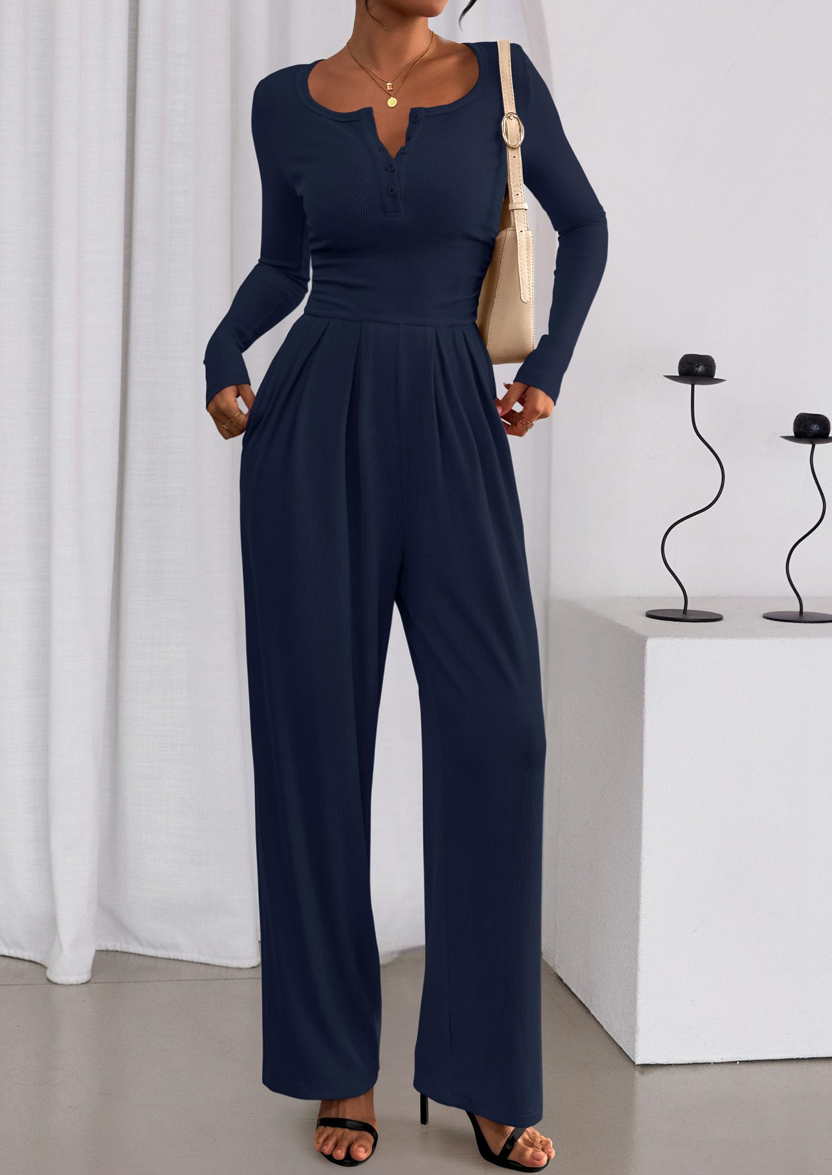PRETTYGARDEN Jumpsuits for Women Dressy Casual Fall One Piece Outfits Long Sleeve Crew Neck Wide Leg Pants Rompers