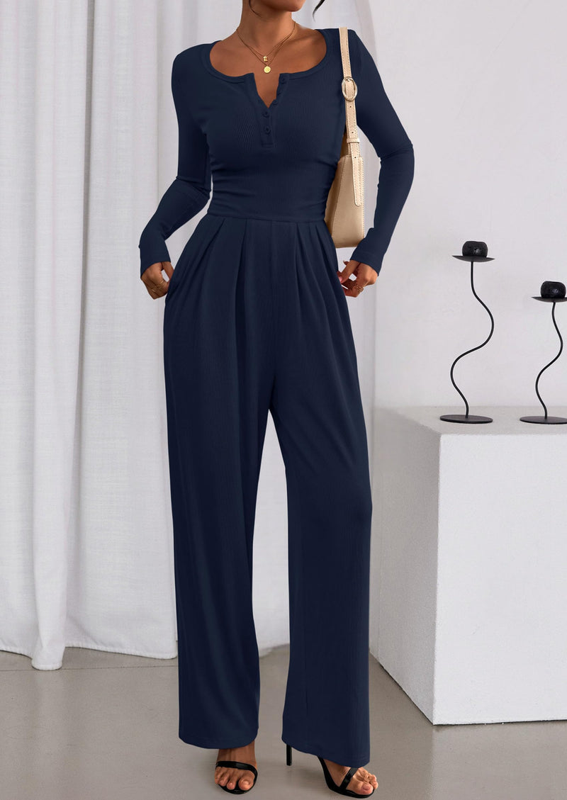 PRETTYGARDEN Jumpsuits for Women Dressy Casual Fall One Piece Outfits Long Sleeve Crew Neck Wide Leg Pants Rompers
