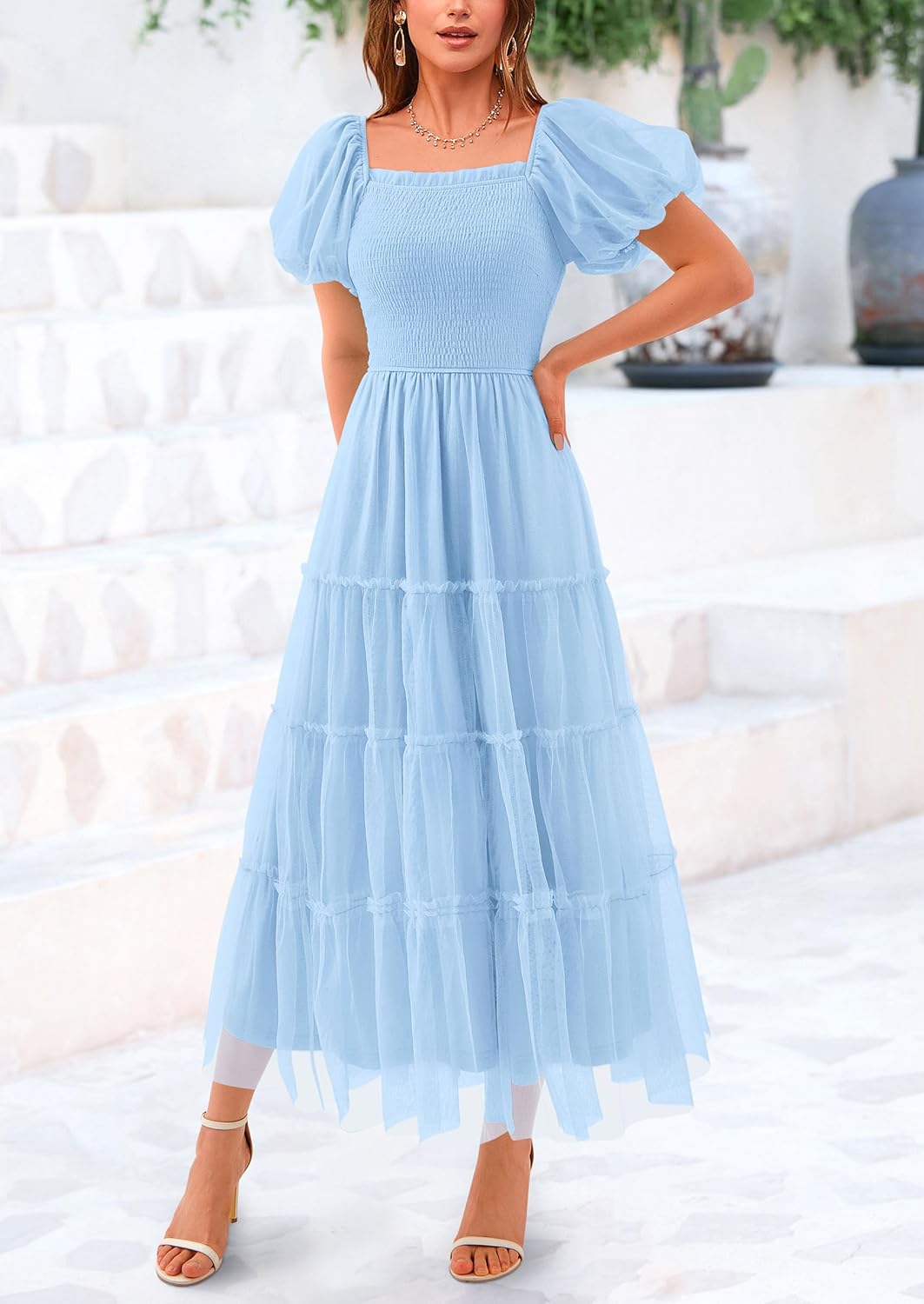 Smocked Tulle Puffy Short Sleeve Square Neck Ruffle Midi Dresses