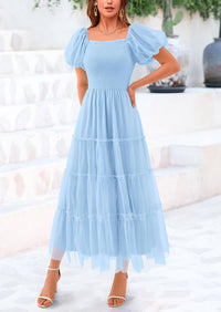 Smocked Tulle Puffy Short Sleeve Square Neck Ruffle Midi Dresses