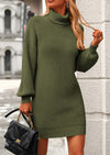 PRETTYGARDEN Sweater Dress for Women Long Puff Sleeve Turtleneck Ribbed Knit Oversized Pullover Winter Short Dress
