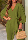 PRETTYGARDEN Women's Fall Jumpsuits Dressy Casual Pants Romper Spring Long Sleeve V Neck Belt Pockets One Piece Outfits