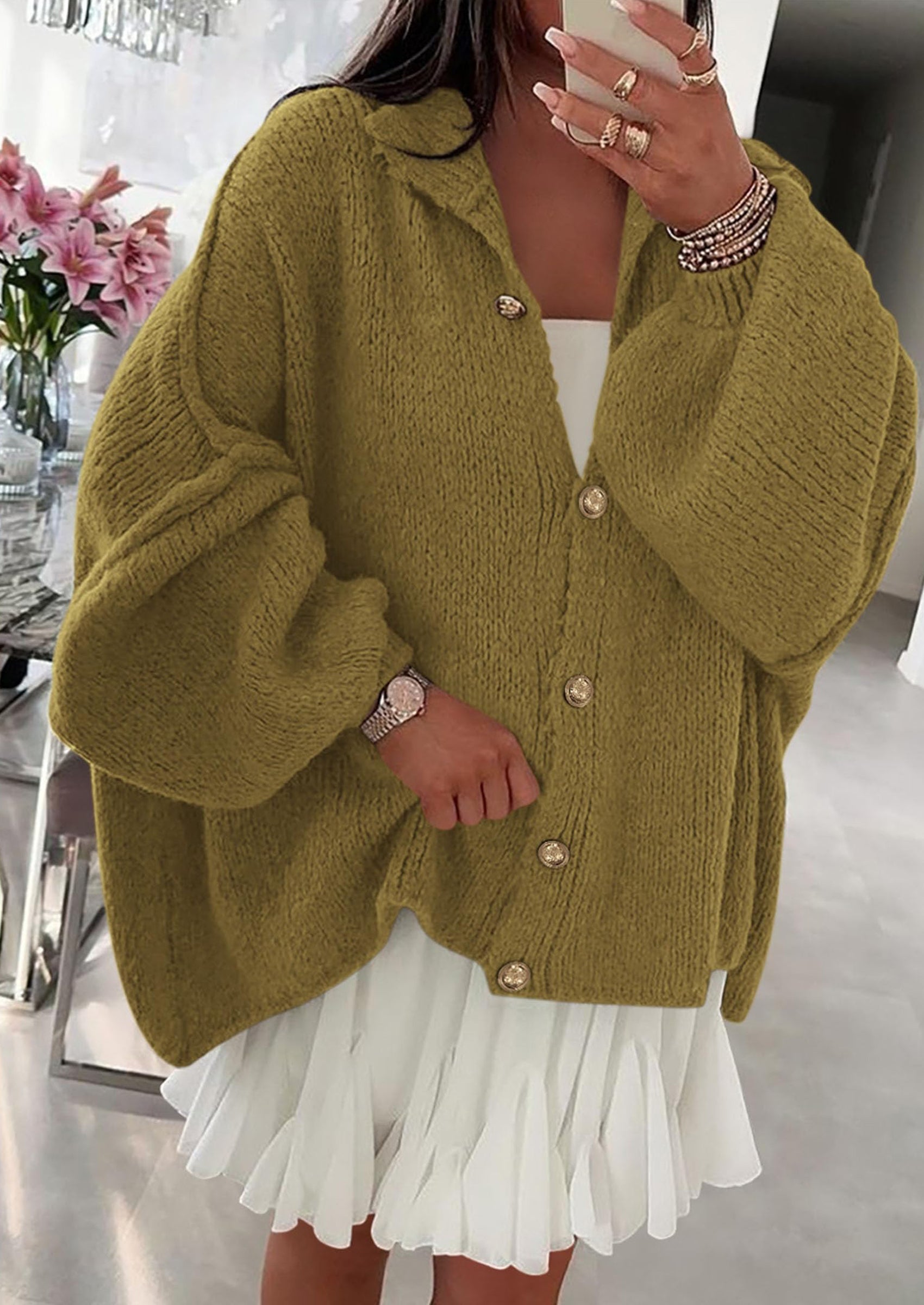 PRETTYGARDEN Women's Winter Button Down Cardigan Sweaters Mock Neck Lantern Long Sleeve Chunky Knit Jacket Trendy Outerwear