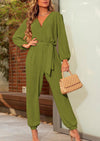 PRETTYGARDEN Women's Fall Jumpsuits Dressy Casual Pants Romper Spring Long Sleeve V Neck Belt Pockets One Piece Outfits