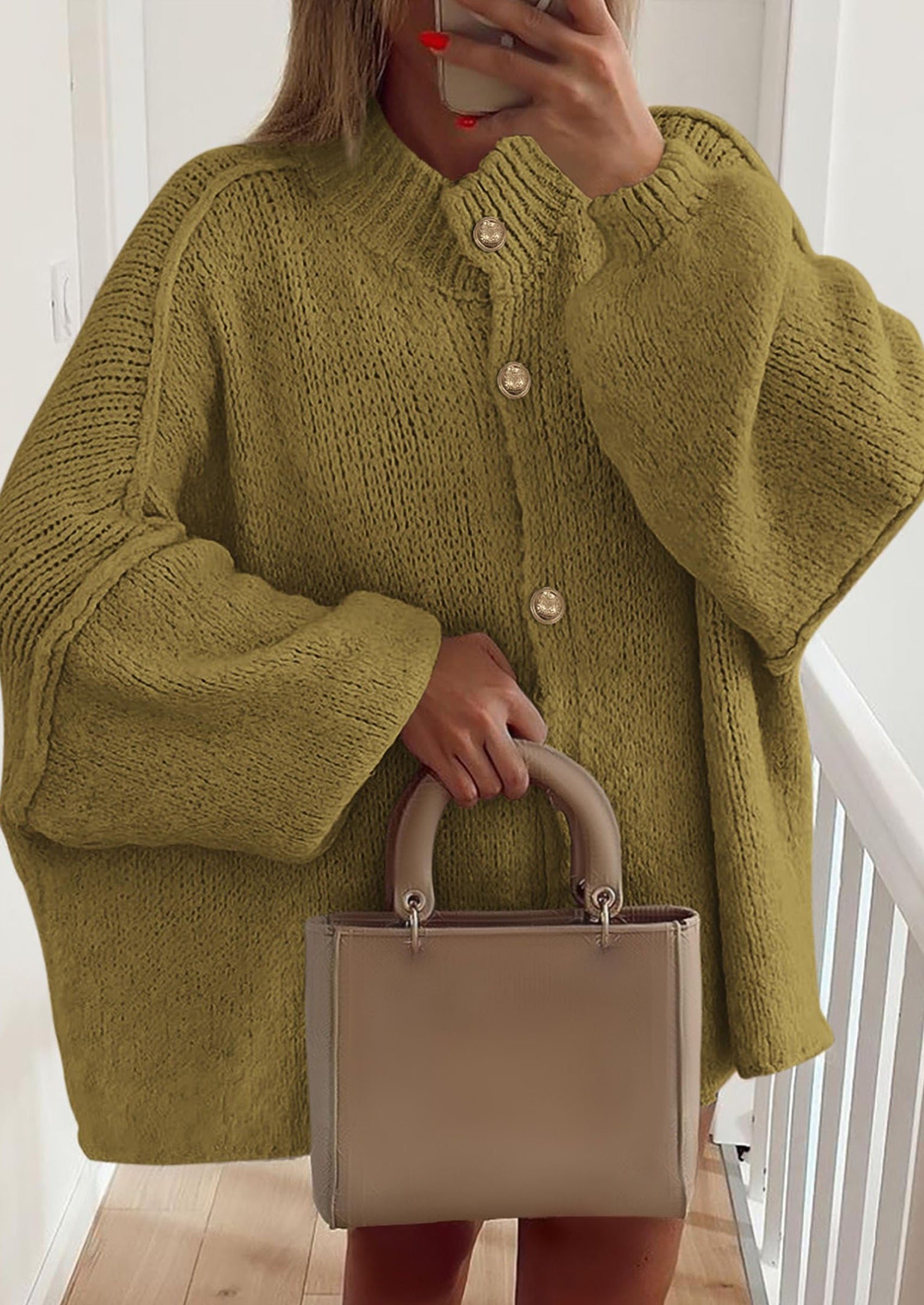 PRETTYGARDEN Women's Winter Button Down Cardigan Sweaters Mock Neck Lantern Long Sleeve Chunky Knit Jacket Trendy Outerwear