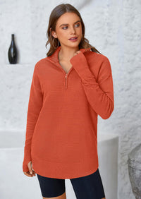 PRETTYGARDEN Womens Long Sleeve Quarter Zip Pullover Sweater Casual Loose V Neck Collared Ribbed Knit Jumper Tops Thumb Hole