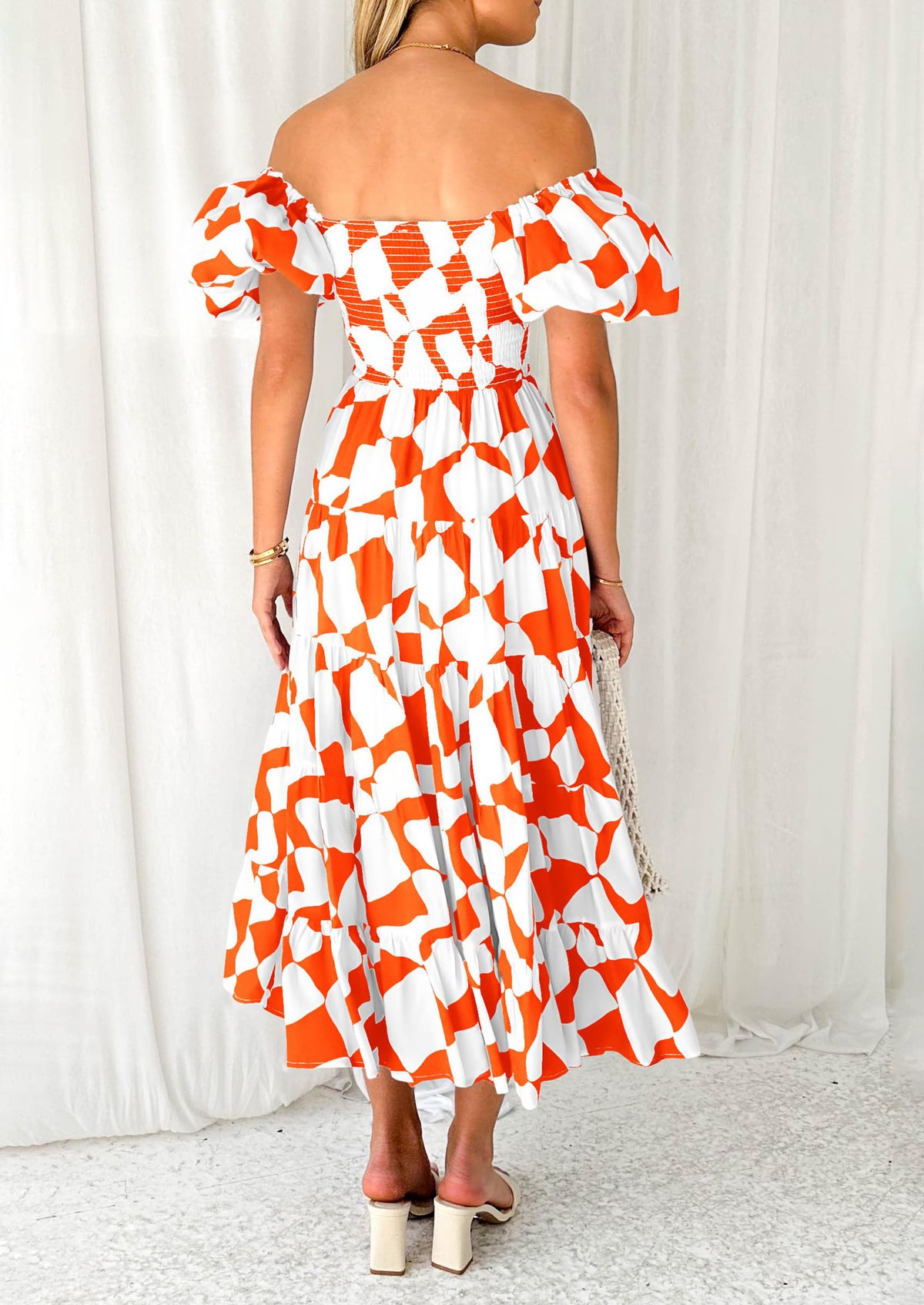 Off Shoulder Puff Sleeve Print Smocked Ruffle Beach Flowy Boho Midi Dress
