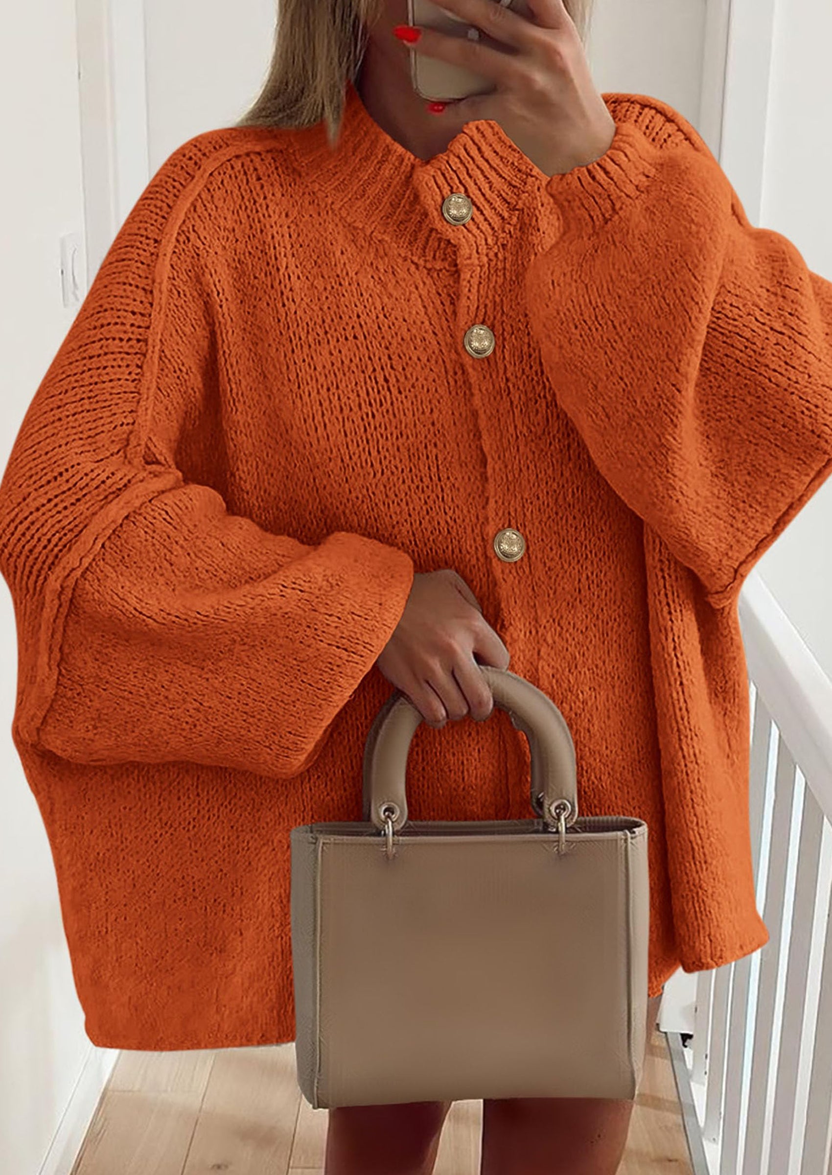 PRETTYGARDEN Women's Winter Button Down Cardigan Sweaters Mock Neck Lantern Long Sleeve Chunky Knit Jacket Trendy Outerwear