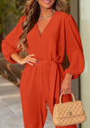 PRETTYGARDEN Women's Fall Jumpsuits Dressy Casual Pants Romper Spring Long Sleeve V Neck Belt Pockets One Piece Outfits