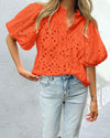 PRETTYGARDEN Women's Summer Short Sleeve Tops 2025 Dressy Casual Buttons V Neck Hollow Out Lace Embroidered Blouses Shirts
