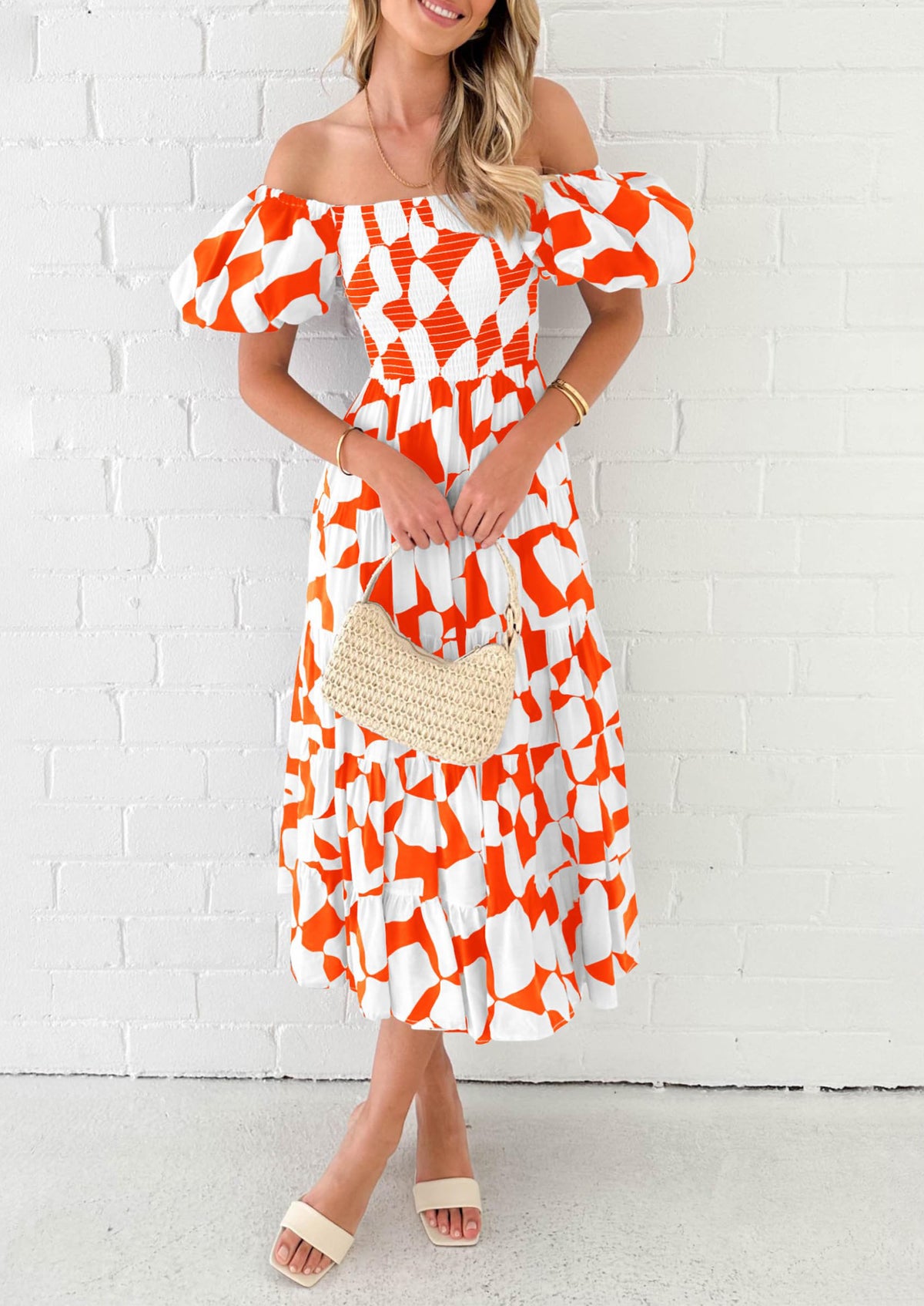 Off Shoulder Puff Sleeve Print Smocked Ruffle Beach Flowy Boho Midi Dress