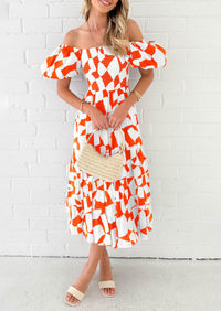 Off Shoulder Puff Sleeve Print Smocked Ruffle Beach Flowy Boho Midi Dress