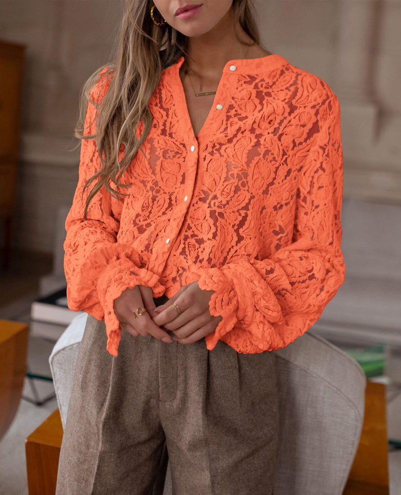 PRETTYGARDEN Women's Dressy Casual Lace Blouse Long Sleeve Button Up Shirts Tops Spring Fall Fashion Clothes