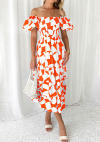 Off Shoulder Puff Sleeve Print Smocked Ruffle Beach Flowy Boho Midi Dress