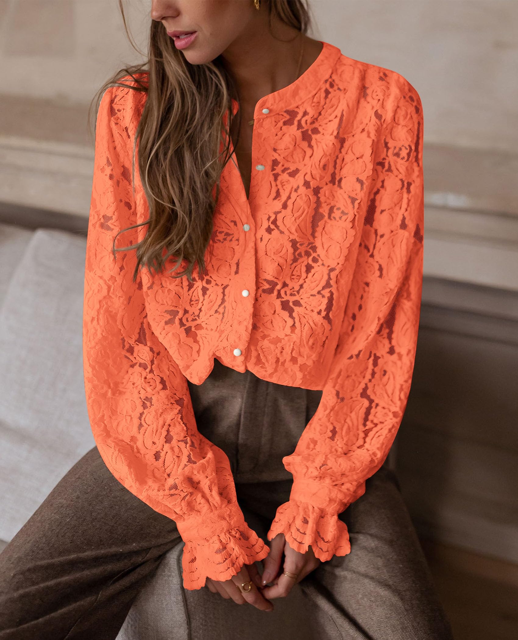 PRETTYGARDEN Women's Dressy Casual Lace Blouse Long Sleeve Button Up Shirts Tops Spring Fall Fashion Clothes