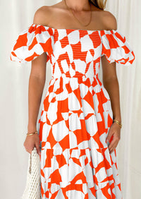 Off Shoulder Puff Sleeve Print Smocked Ruffle Beach Flowy Boho Midi Dress