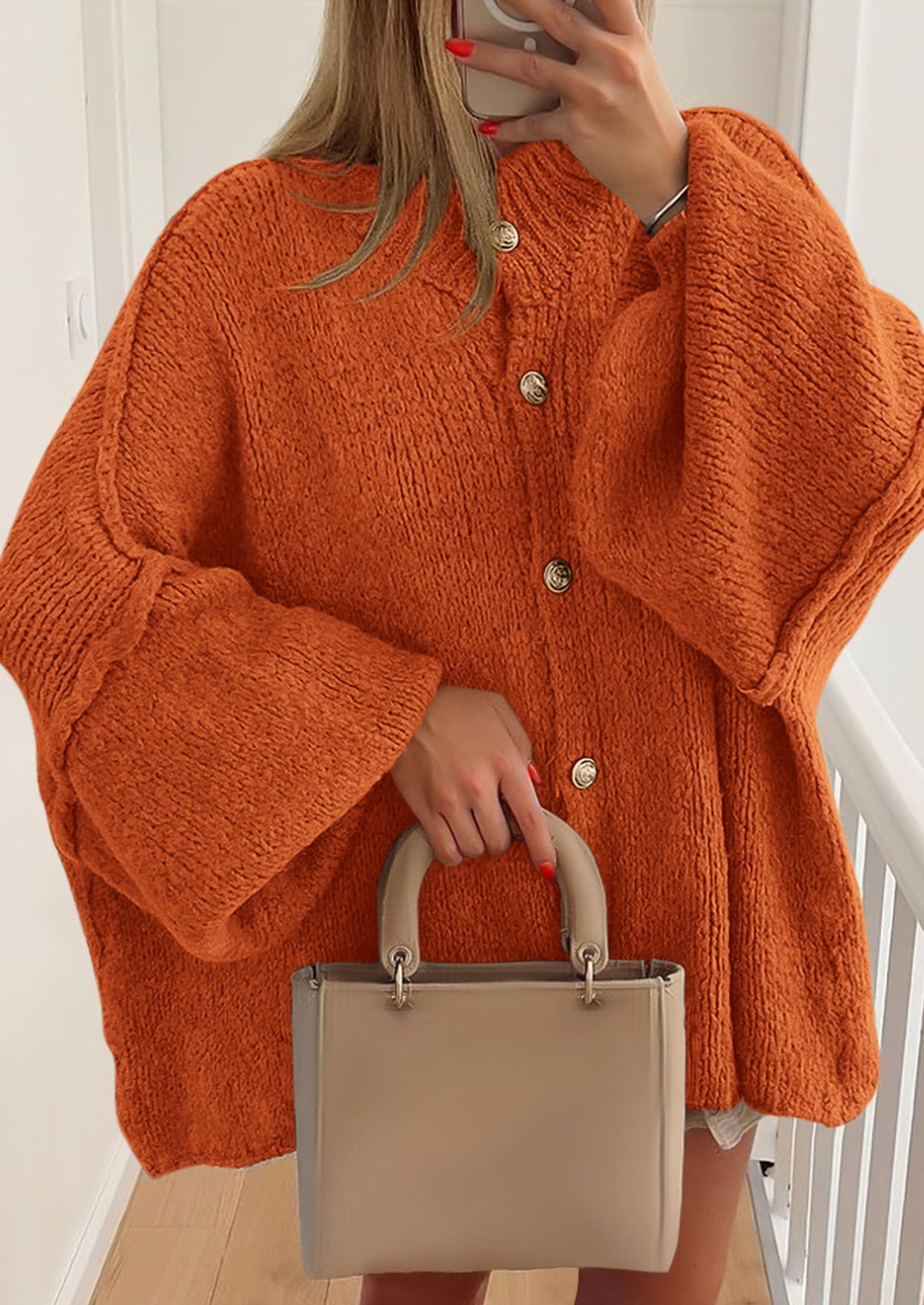 PRETTYGARDEN Women's Winter Button Down Cardigan Sweaters Mock Neck Lantern Long Sleeve Chunky Knit Jacket Trendy Outerwear