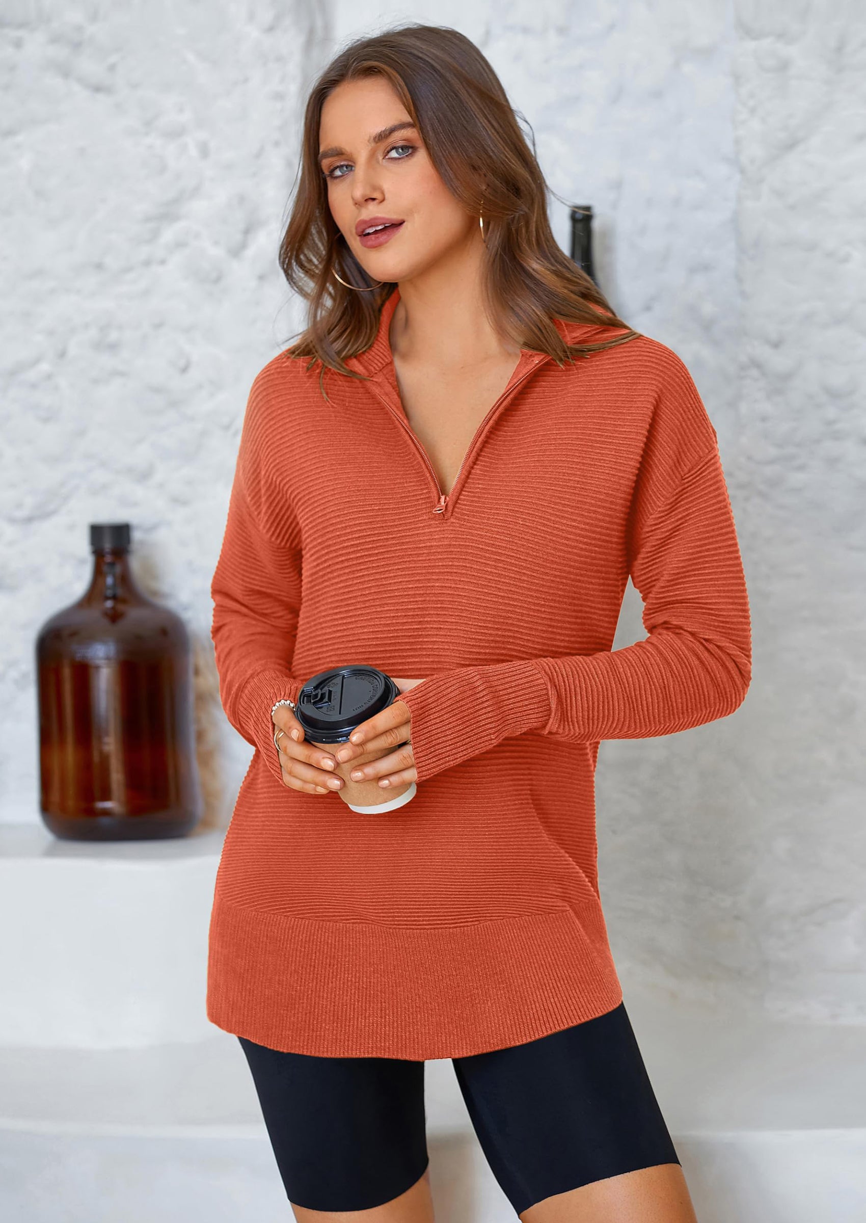 PRETTYGARDEN Womens Long Sleeve Quarter Zip Pullover Sweater Casual Loose V Neck Collared Ribbed Knit Jumper Tops Thumb Hole